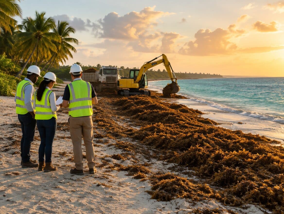 Project partners reviewing plans on a Caribbean beach while an excavator clears sargassum